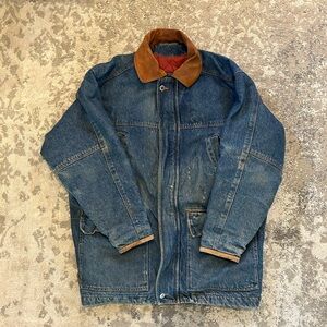 VINTAGE Timberland Denim Jacket Classic Mens Large Leather Collar